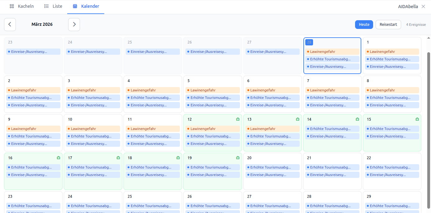 TravelAlert Kalenderansicht – tagesgenaue Übersicht aller Sicherheitsereignisse mit Farbcodierung nach Priorität